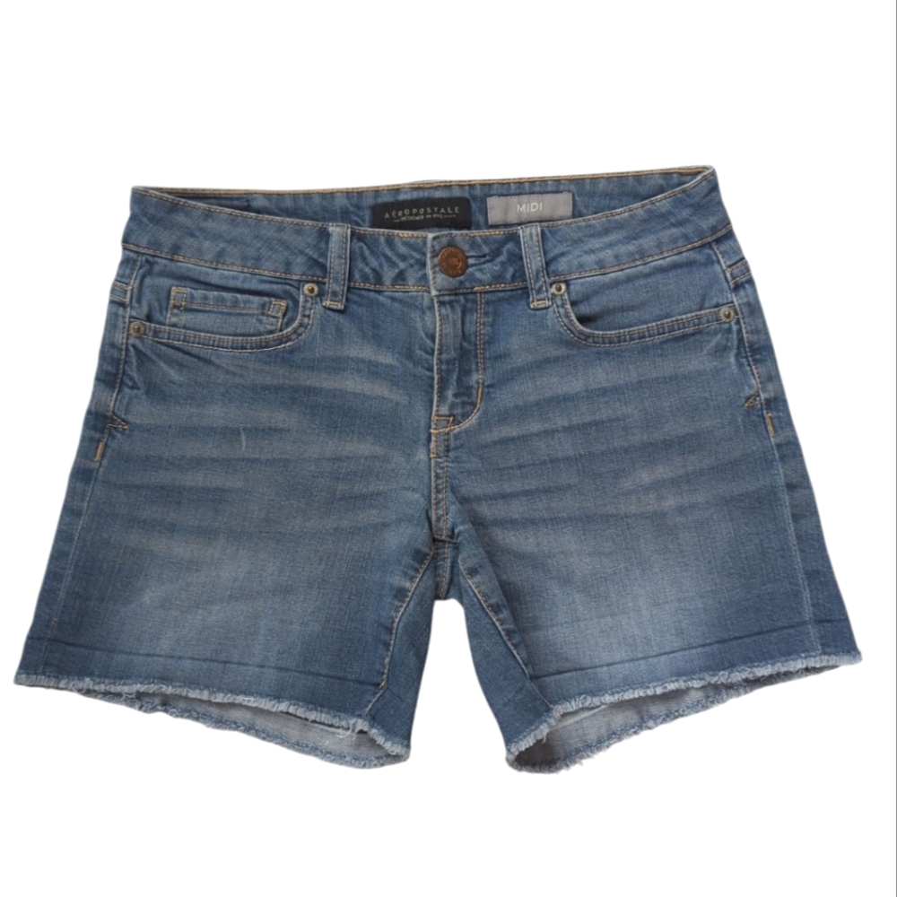 Aeropostale Midi Frayed Hem Jean Shorts 2 Blue Pockets